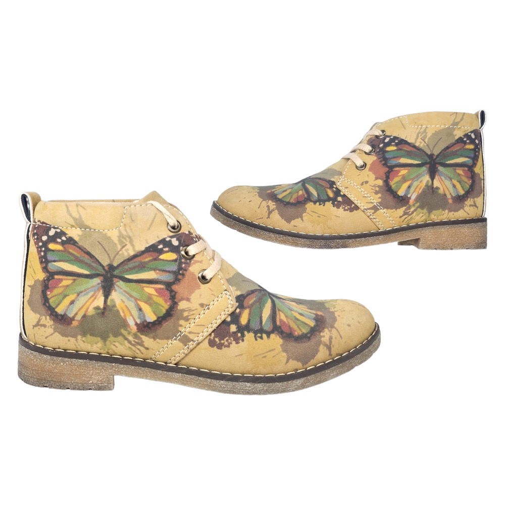 Goby Shoes Womens 37 Tan Butterfly Ankle Boots Booties Artsy Boho Comfy Low Heel